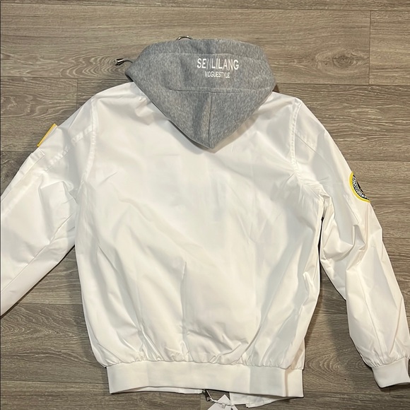 White NASA Bomber Jacket with Space Patches and Gray Hood - Picture 8 of 9